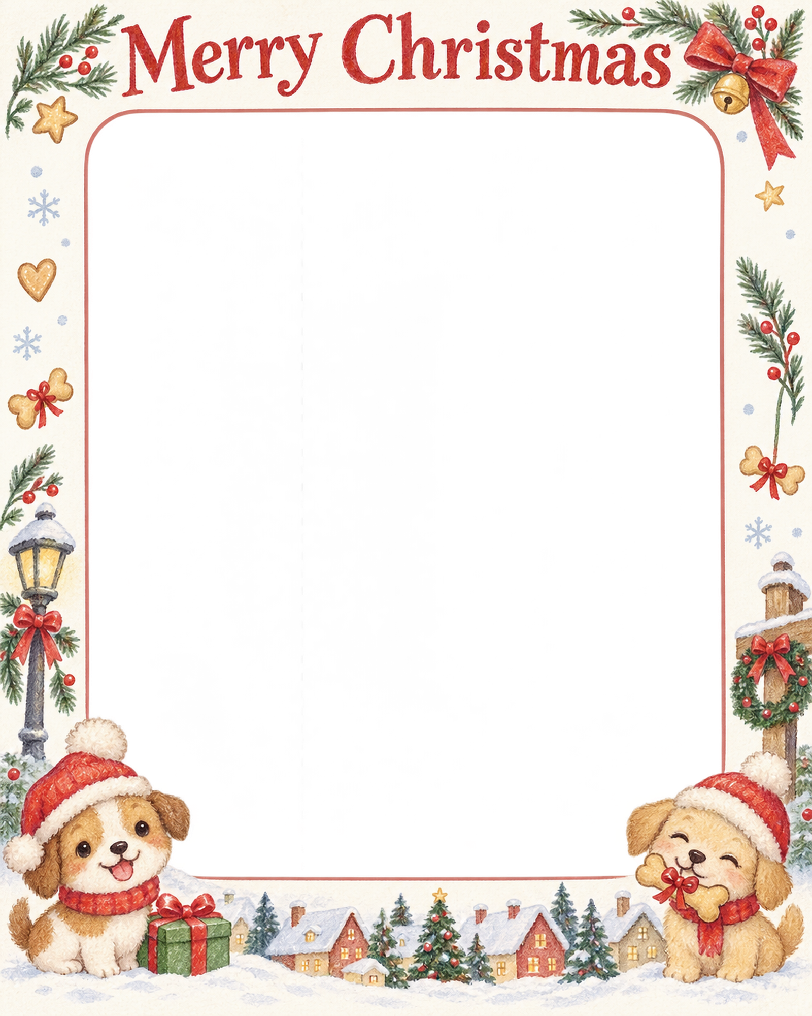 お揃いの帽子の犬・猫のクリスマス写真フレーム｜犬とおやつ・無料イラスト 99944に写真・文字を入れる