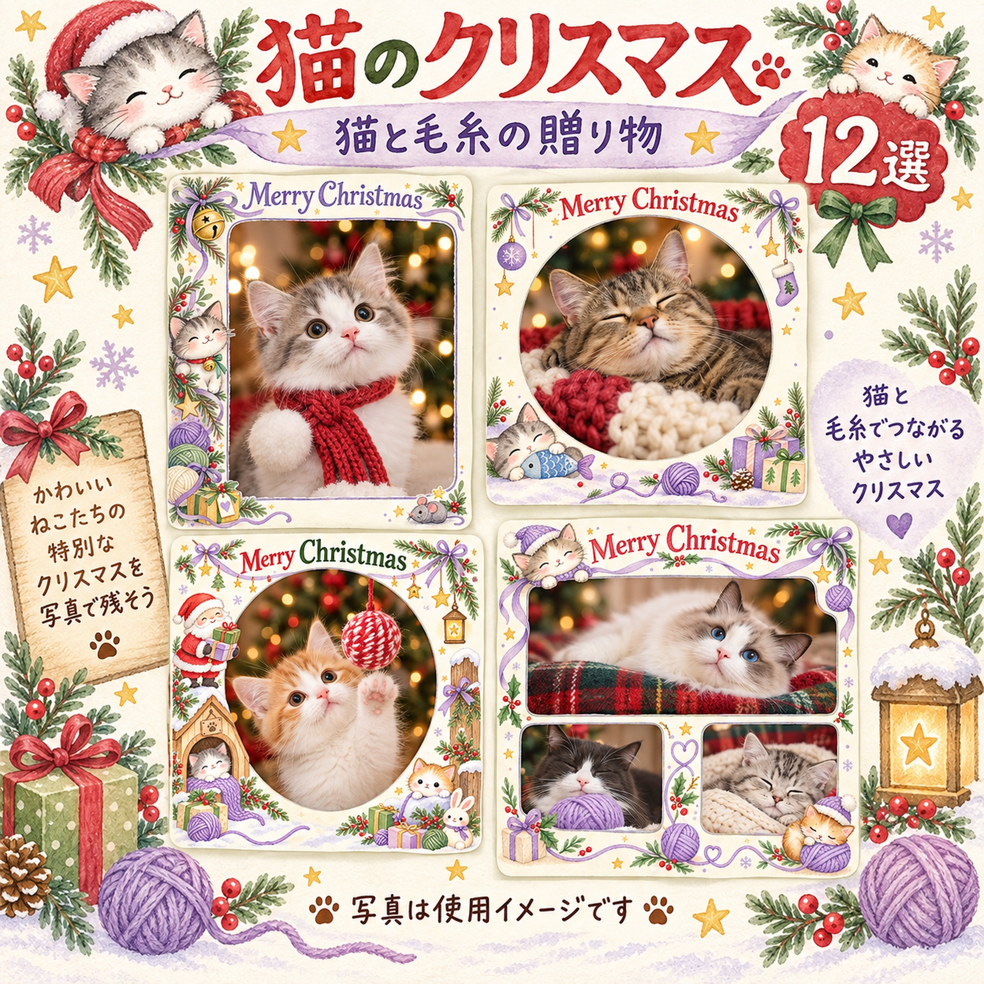 犬・猫のクリスマス写真フレーム12選｜猫と毛糸の贈り物の無料イラスト素材 99945に写真・文字を入れる