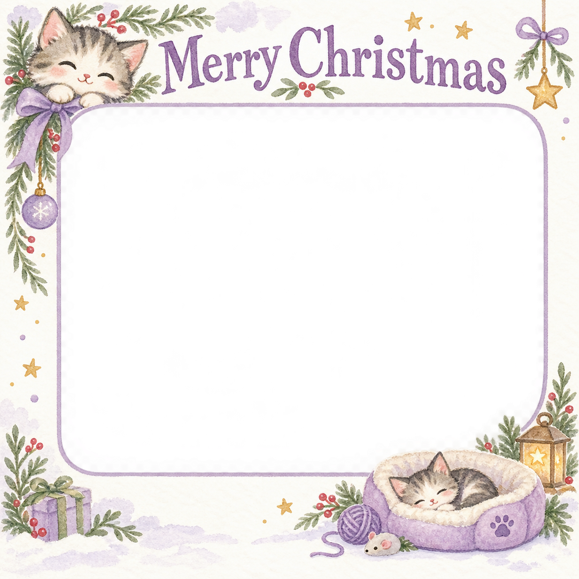 ちいさなペット用ベッドの犬・猫のクリスマス写真フレーム｜猫と毛糸の贈り物・無料イラスト 99946に写真・文字を入れる