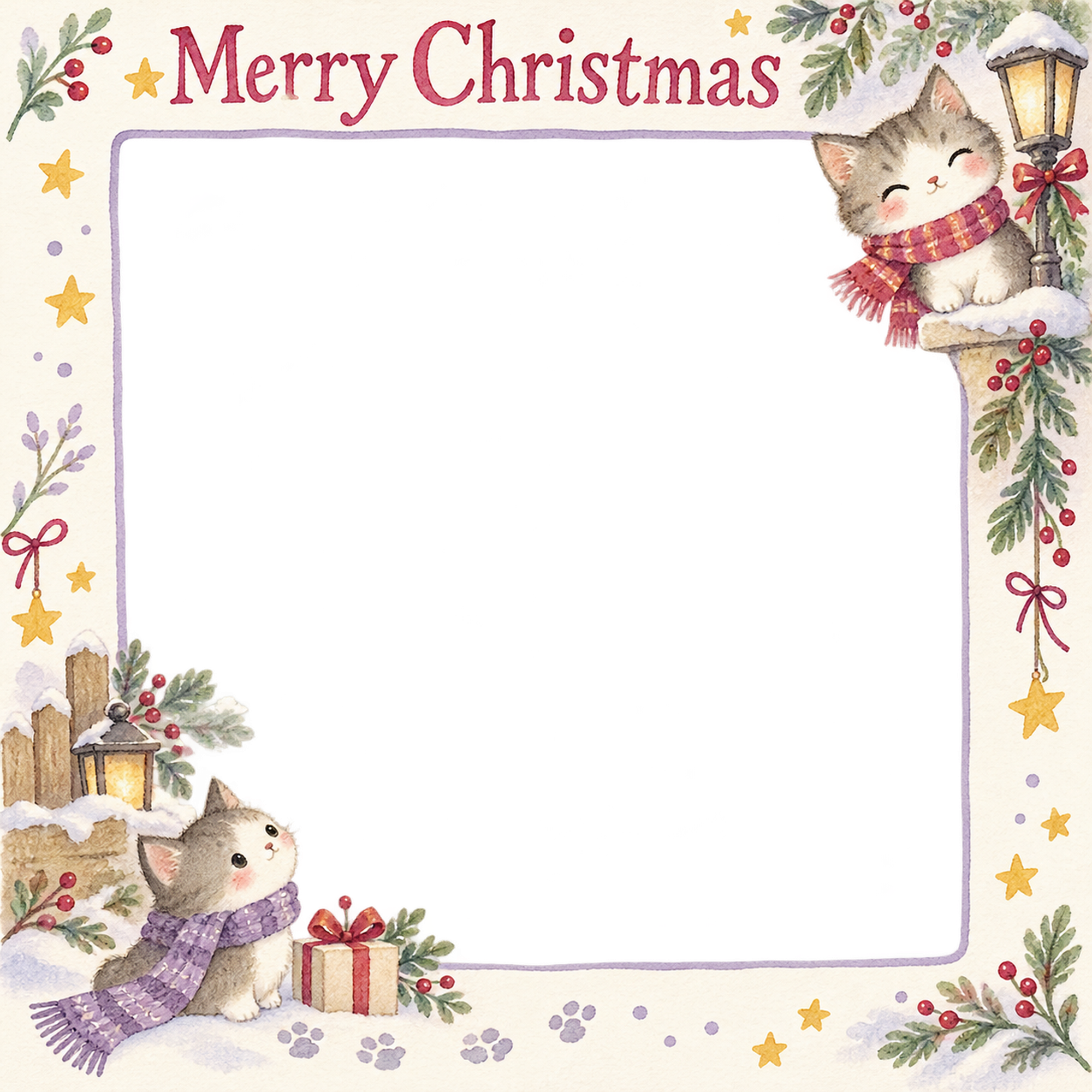 お散歩のマフラーの犬・猫のクリスマス写真フレーム｜猫と毛糸の贈り物・無料イラスト 99949に写真・文字を入れる