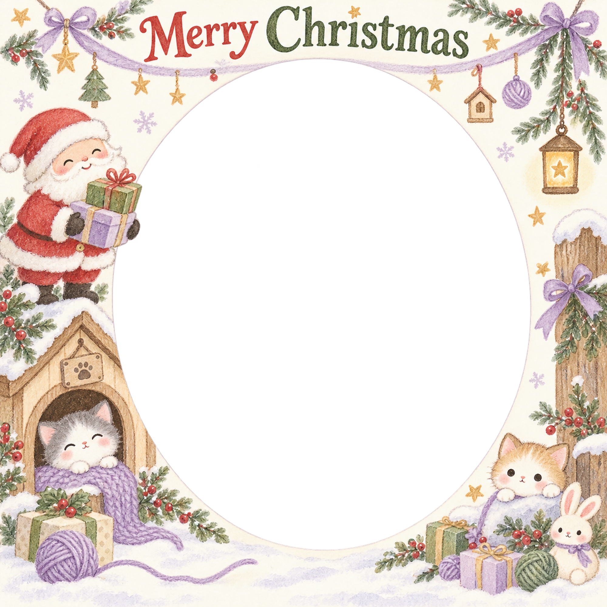 小さなペットハウスの犬・猫のクリスマス写真フレーム｜猫と毛糸の贈り物・無料イラスト 99952に写真・文字を入れる