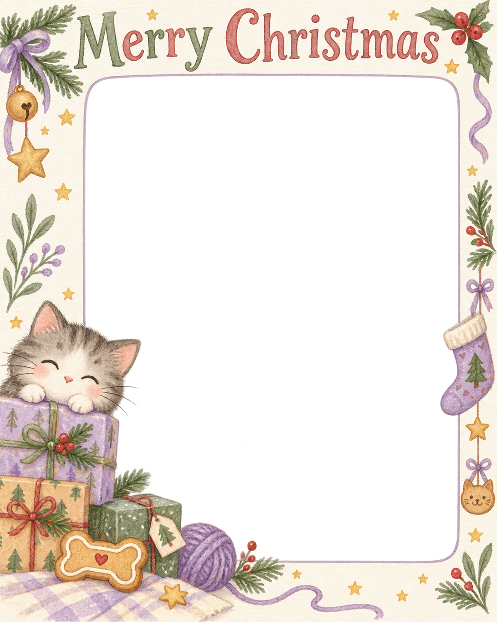 骨形クッキーの犬・猫のクリスマス写真フレーム｜猫と毛糸の贈り物・無料イラスト 99955に写真・文字を入れる