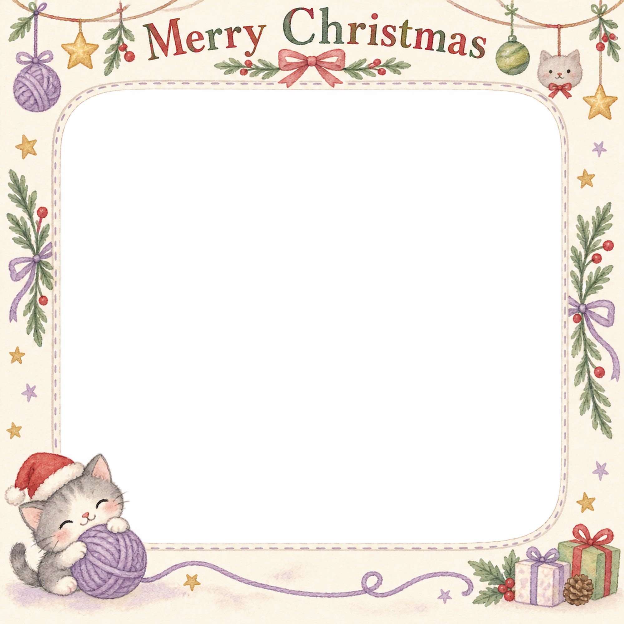 ねこの毛糸玉の犬・猫のクリスマス写真フレーム｜猫と毛糸の贈り物・無料イラスト 99956に写真・文字を入れる