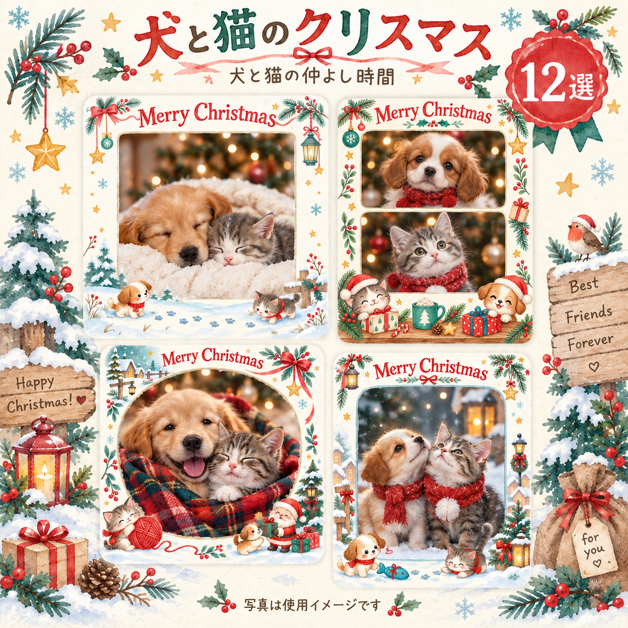 犬・猫のクリスマス写真フレーム12選｜犬と猫の仲よし時間の無料イラスト素材 99958に写真・文字を入れる