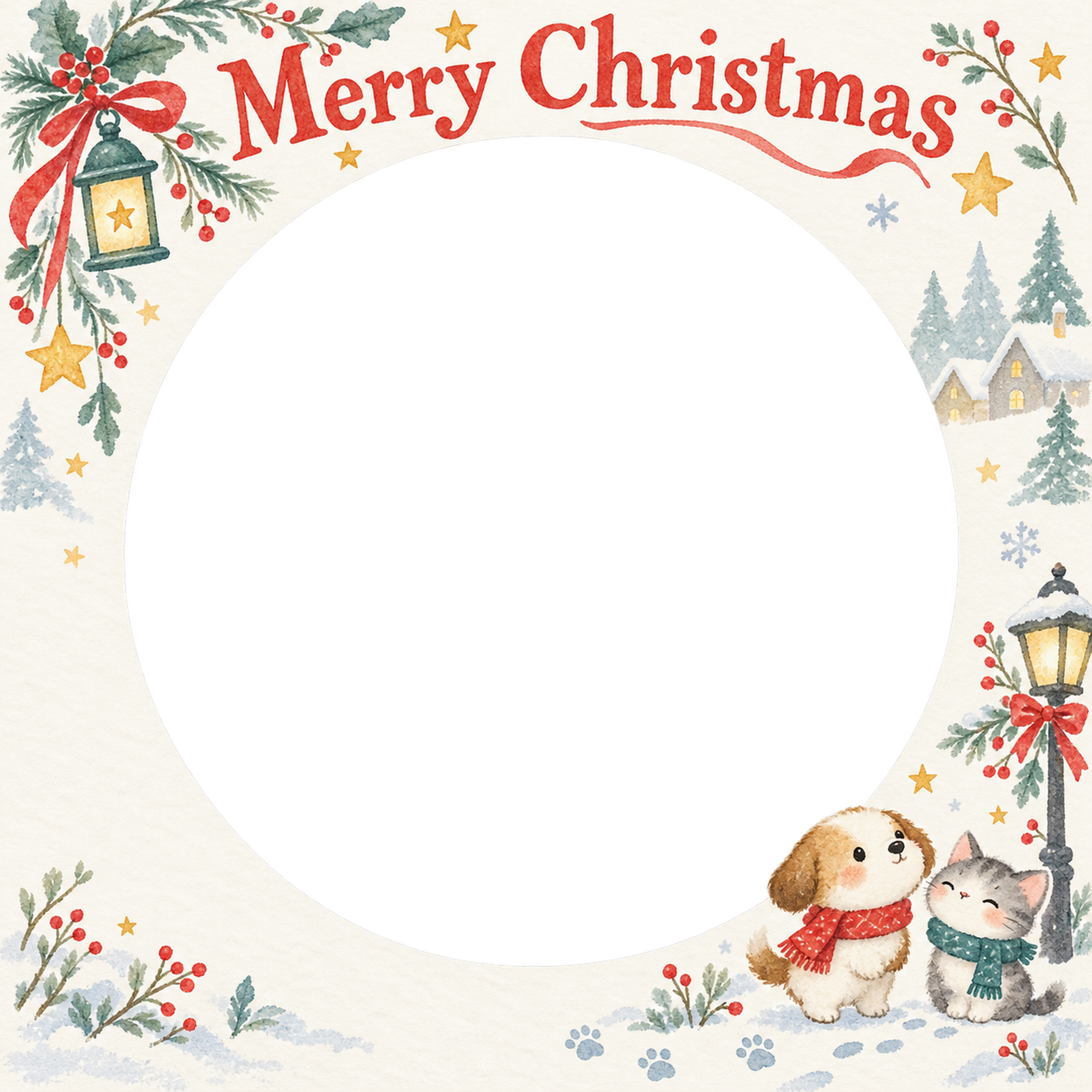 お散歩のマフラーの犬・猫のクリスマス写真フレーム｜犬と猫の仲よし時間・無料イラスト 99959に写真・文字を入れる