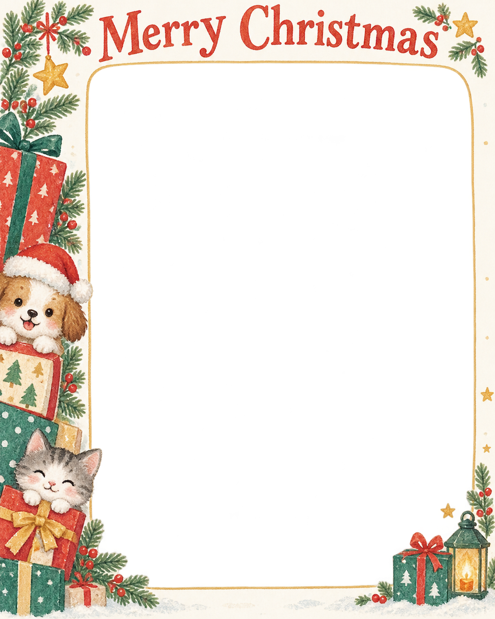 贈り物の箱の犬・猫のクリスマス写真フレーム｜犬と猫の仲よし時間・無料イラスト 99960に写真・文字を入れる