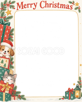 贈り物の箱の犬・猫のクリスマス写真フレーム｜犬と猫の仲よし時間・無料イラスト 99960