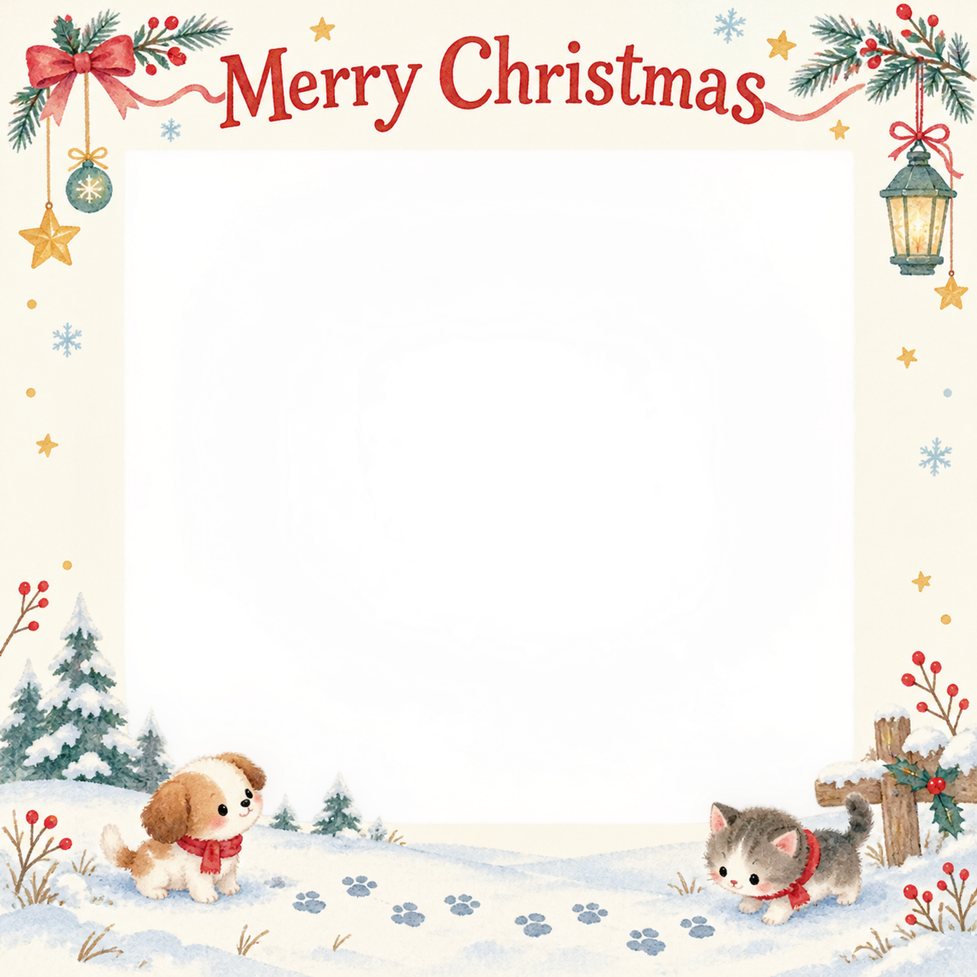 雪の足あとの犬・猫のクリスマス写真フレーム｜犬と猫の仲よし時間・無料イラスト 99961に写真・文字を入れる