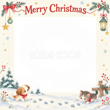 雪の足あとの犬・猫のクリスマス写真フレーム｜犬と猫の仲よし時間・無料イラスト 99961