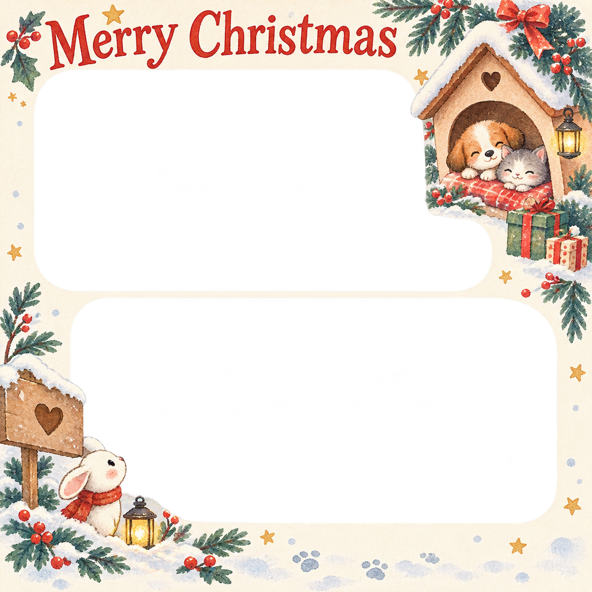 小さなペットハウスの犬・猫のクリスマス写真フレーム｜犬と猫の仲よし時間・無料イラスト 99962に写真・文字を入れる