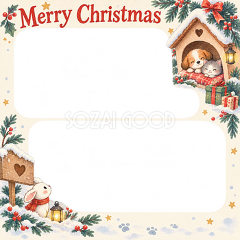 小さなペットハウスの犬・猫のクリスマス写真フレーム｜犬と猫の仲よし時間・無料イラスト 99962
