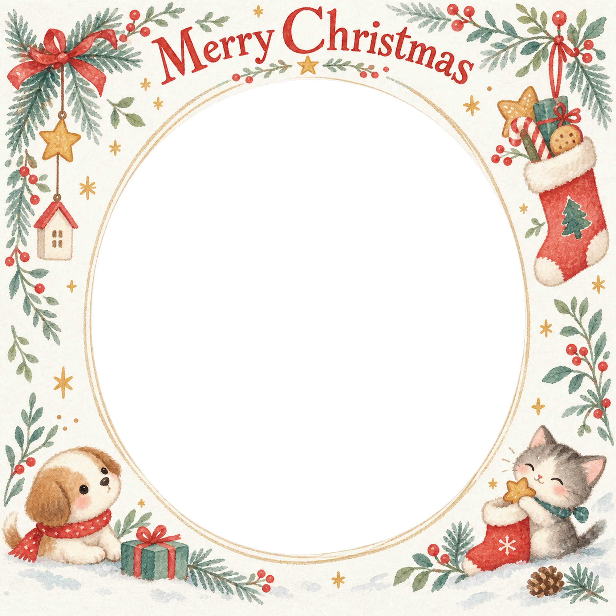 おやつのくつしたの犬・猫のクリスマス写真フレーム｜犬と猫の仲よし時間・無料イラスト 99963に写真・文字を入れる