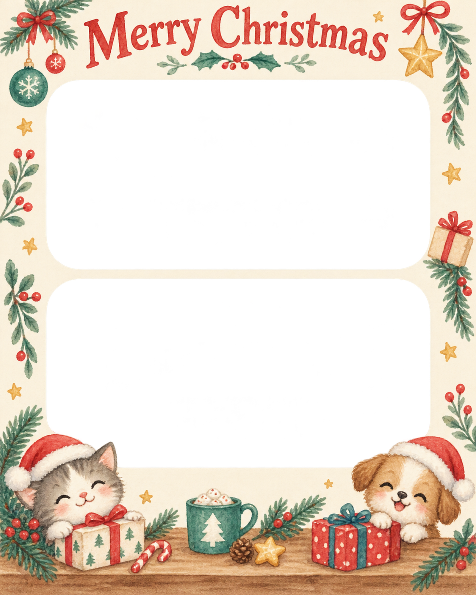 お揃いの帽子の犬・猫のクリスマス写真フレーム｜犬と猫の仲よし時間・無料イラスト 99964に写真・文字を入れる