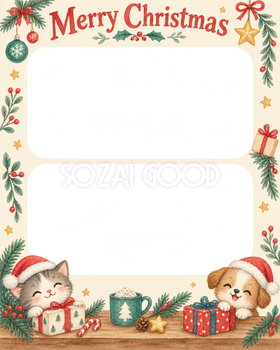 お揃いの帽子の犬・猫のクリスマス写真フレーム｜犬と猫の仲よし時間・無料イラスト 99964