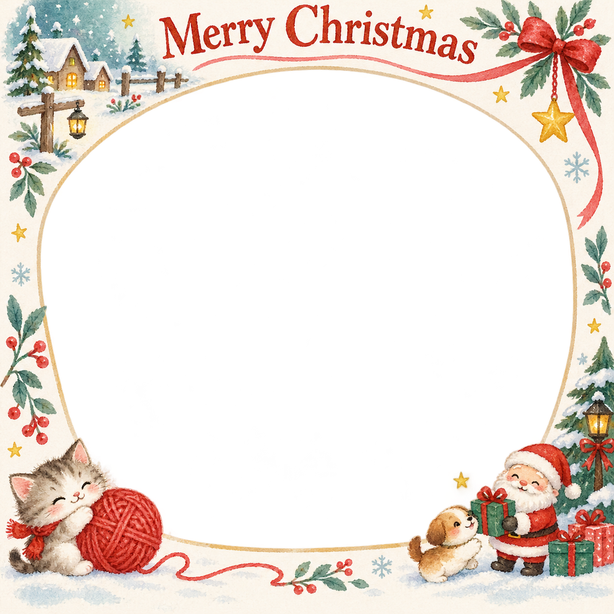 ねこの毛糸玉の犬・猫のクリスマス写真フレーム｜犬と猫の仲よし時間・無料イラスト 99966に写真・文字を入れる