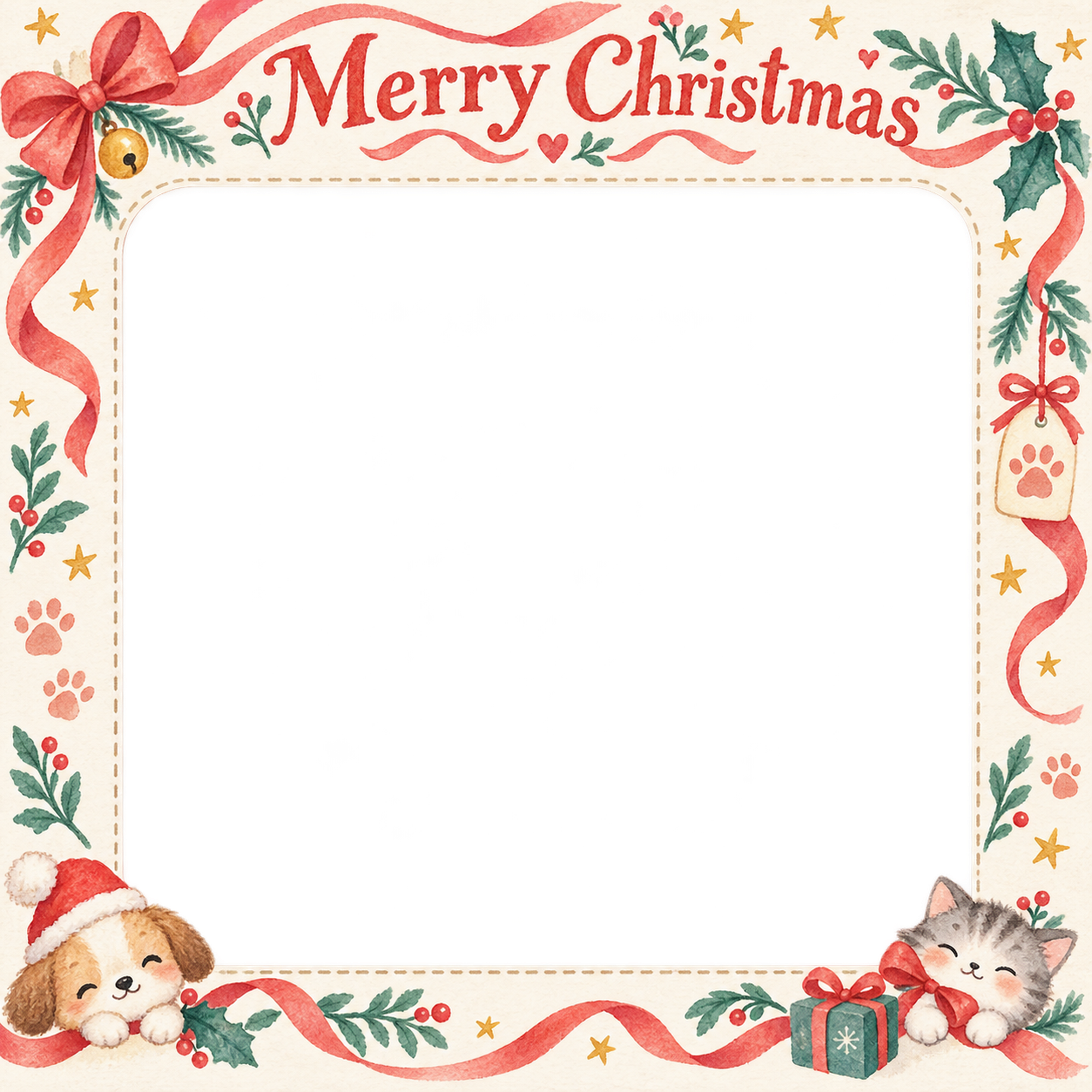肉球とリボンの犬・猫のクリスマス写真フレーム｜犬と猫の仲よし時間・無料イラスト 99967に写真・文字を入れる