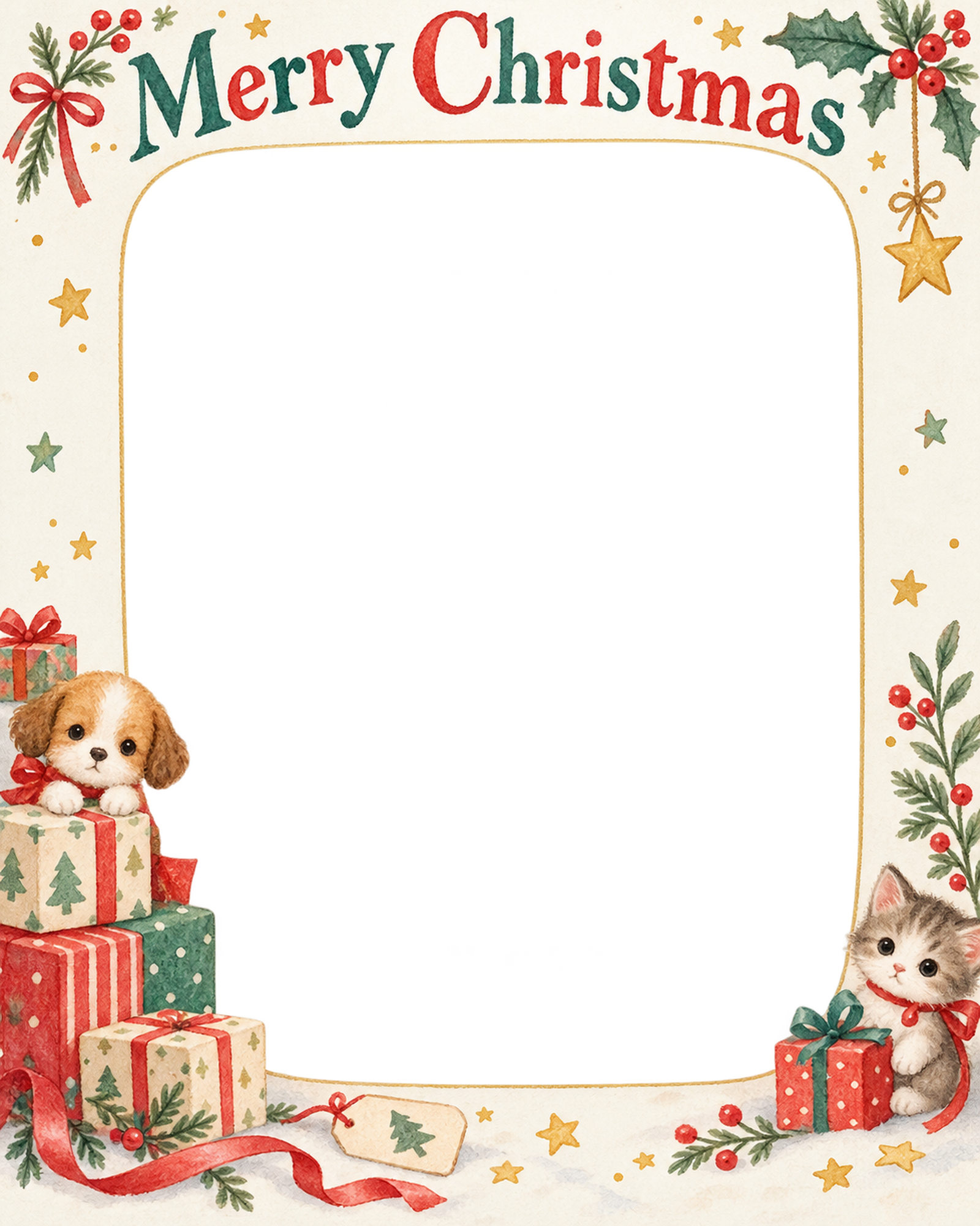 ちいさなペット用ベッドの犬・猫のクリスマス写真フレーム｜犬と猫の仲よし時間・無料イラスト 99968に写真・文字を入れる
