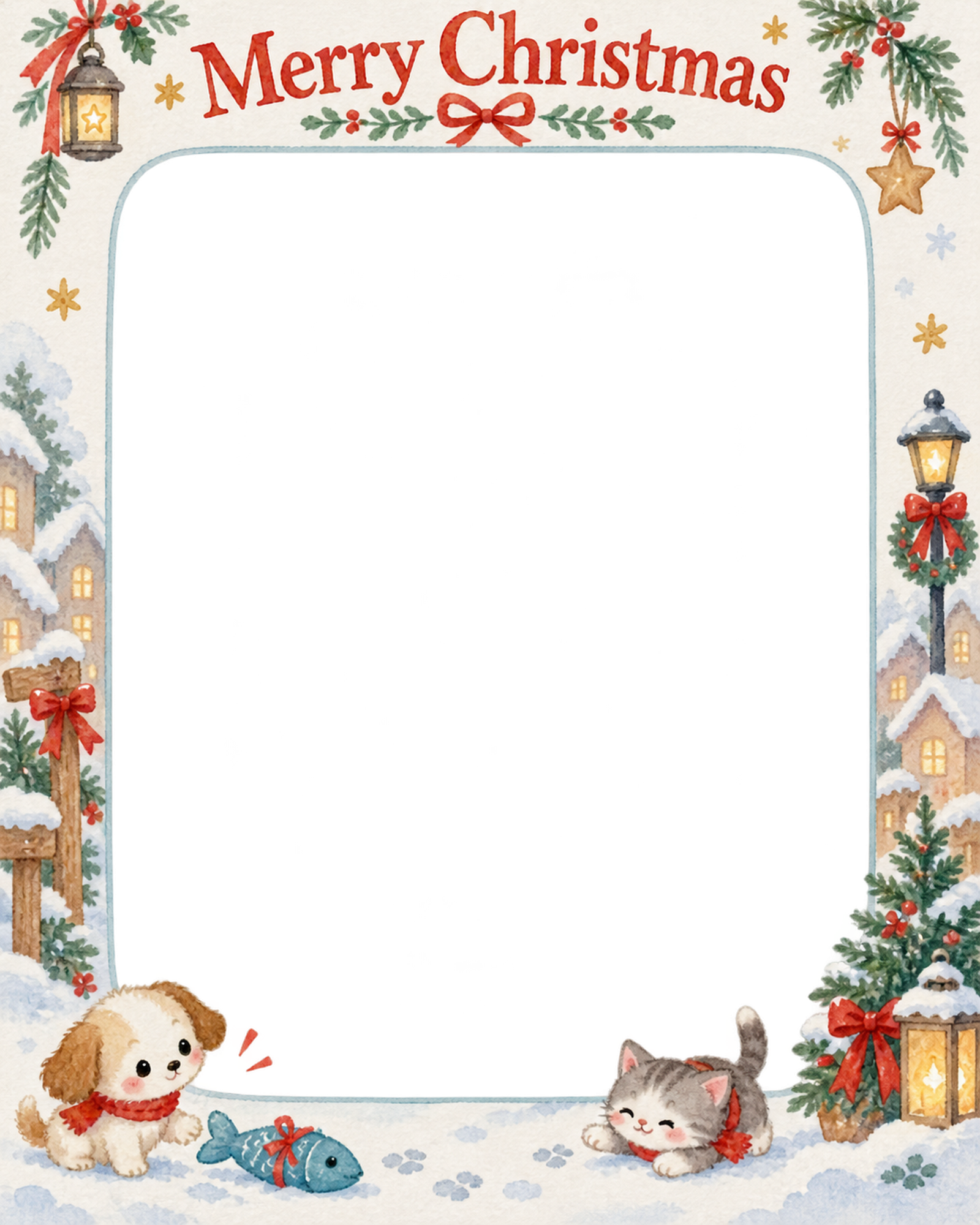 魚形のおもちゃの犬・猫のクリスマス写真フレーム｜犬と猫の仲よし時間・無料イラスト 99970に写真・文字を入れる