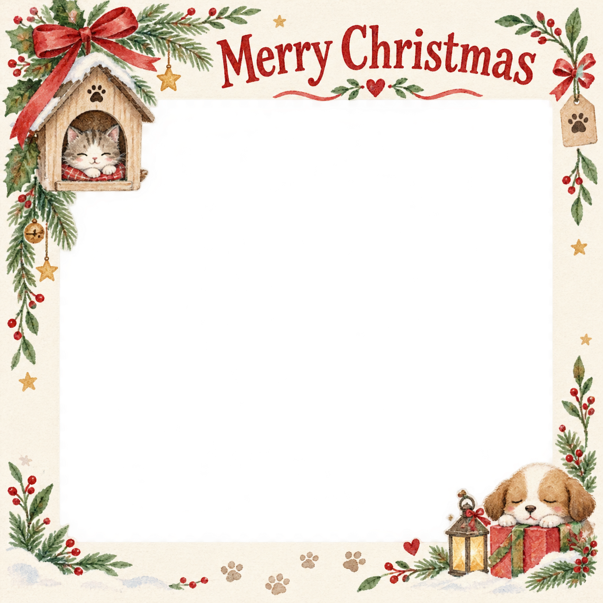 小さなペットハウスの犬・猫のクリスマス写真フレーム｜足あとと定番リース・無料イラスト 99972に写真・文字を入れる