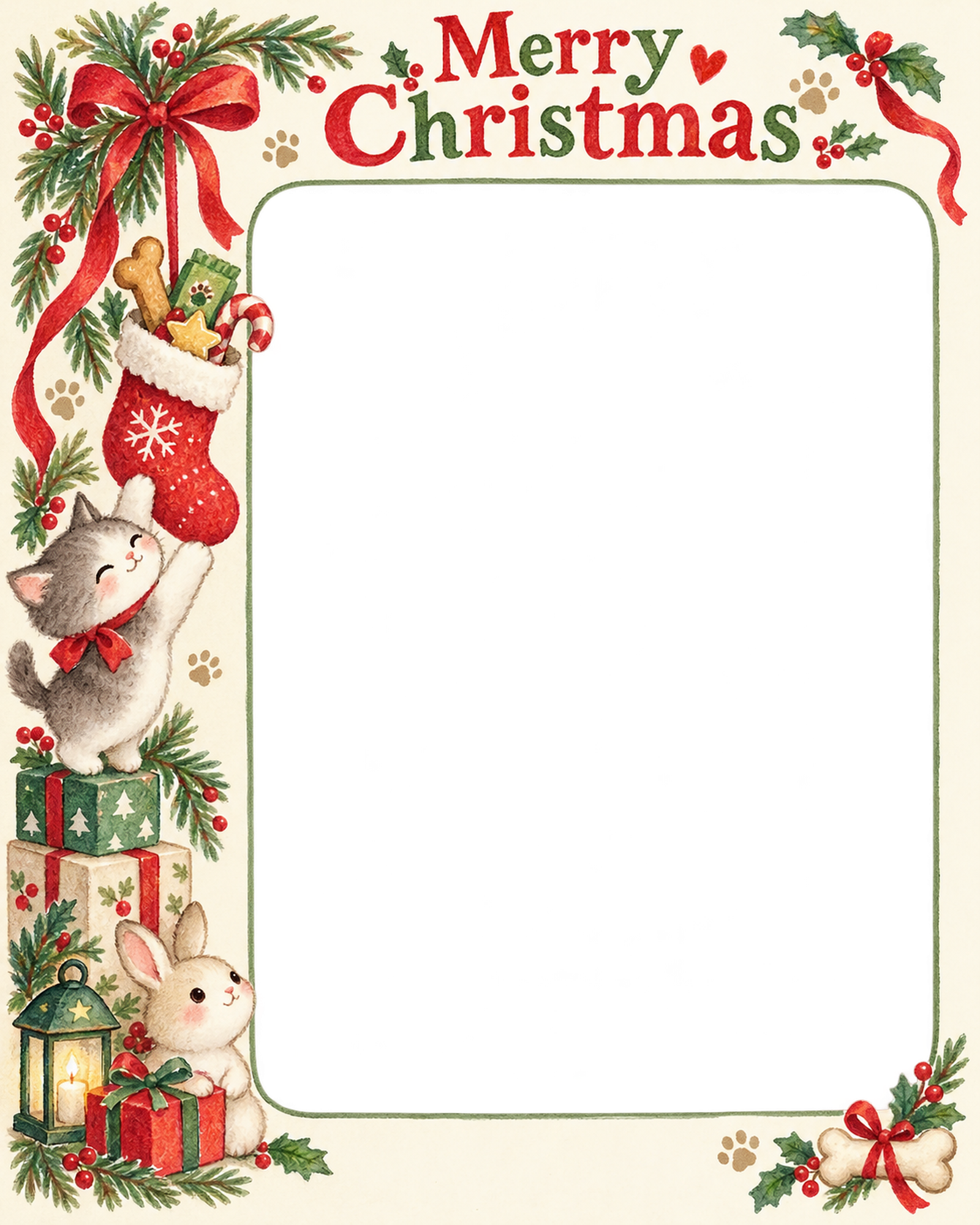 おやつのくつしたの犬・猫のクリスマス写真フレーム｜足あとと定番リース・無料イラスト 99973に写真・文字を入れる