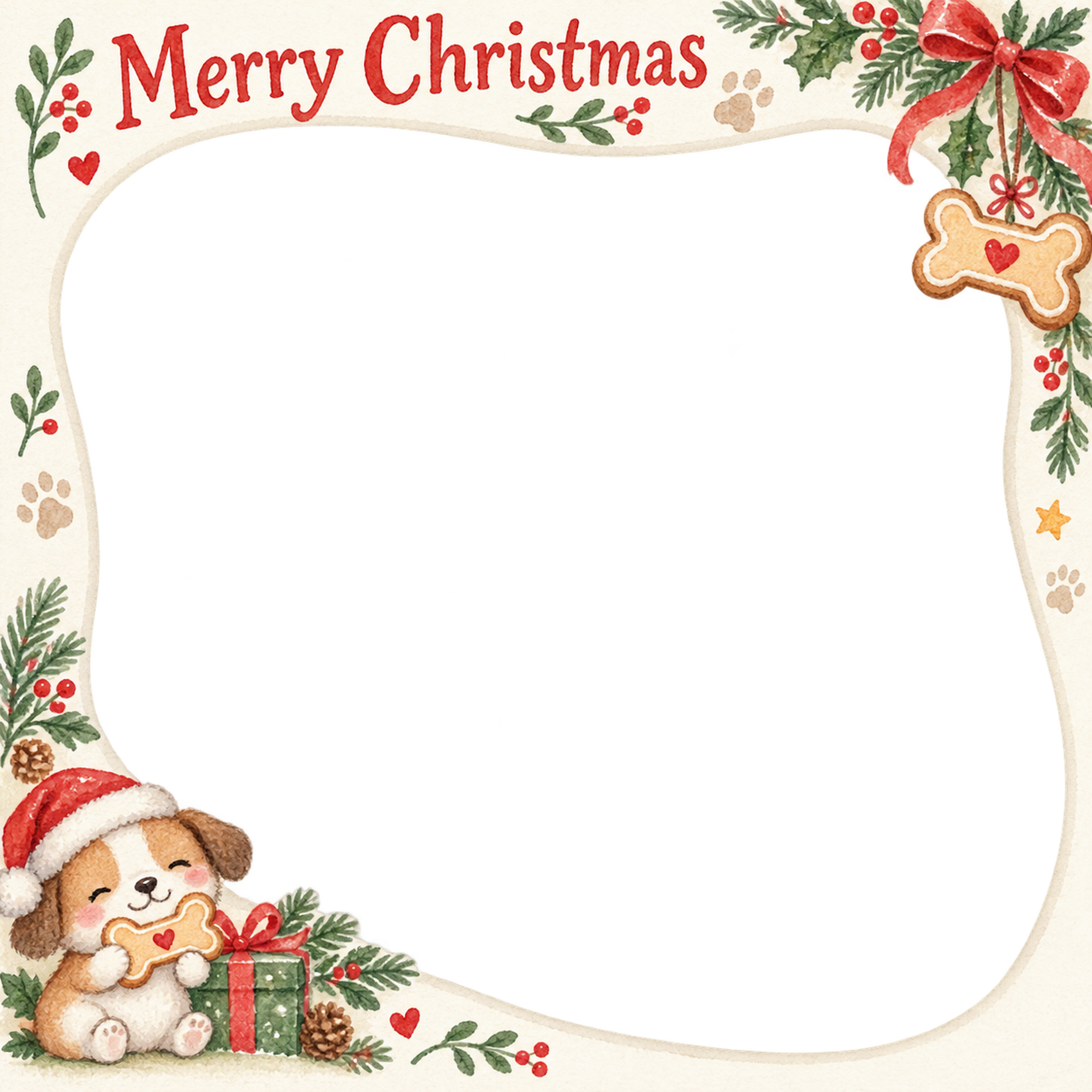 骨形クッキーの犬・猫のクリスマス写真フレーム｜足あとと定番リース・無料イラスト 99975に写真・文字を入れる