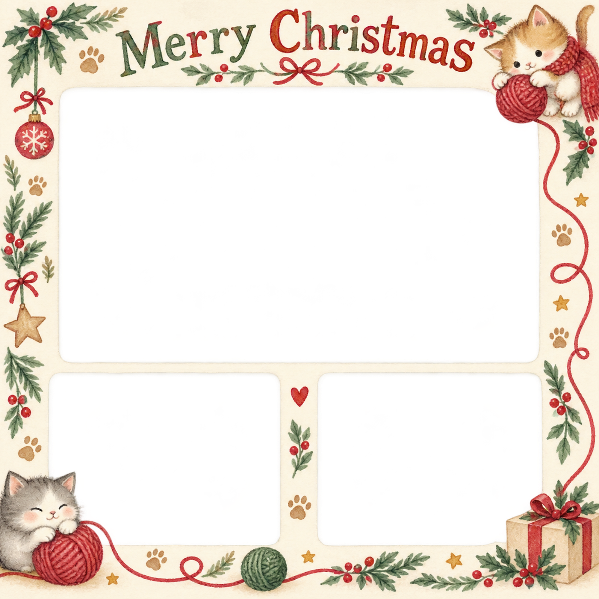 ねこの毛糸玉の犬・猫のクリスマス写真フレーム｜足あとと定番リース・無料イラスト 99976に写真・文字を入れる