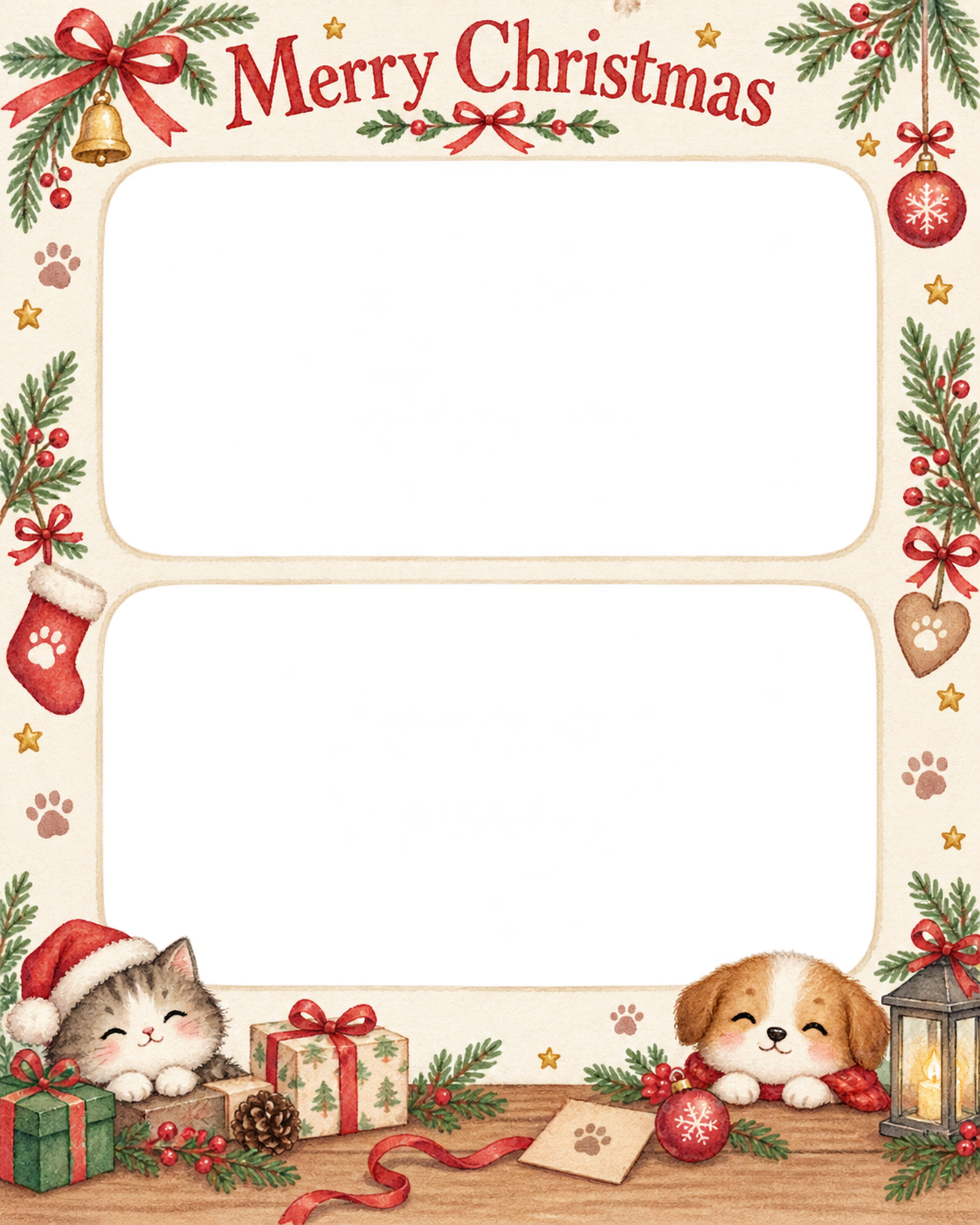 肉球とリボンの犬・猫のクリスマス写真フレーム｜足あとと定番リース・無料イラスト 99977に写真・文字を入れる
