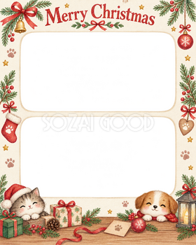 肉球とリボンの犬・猫のクリスマス写真フレーム｜足あとと定番リース・無料イラスト 99977