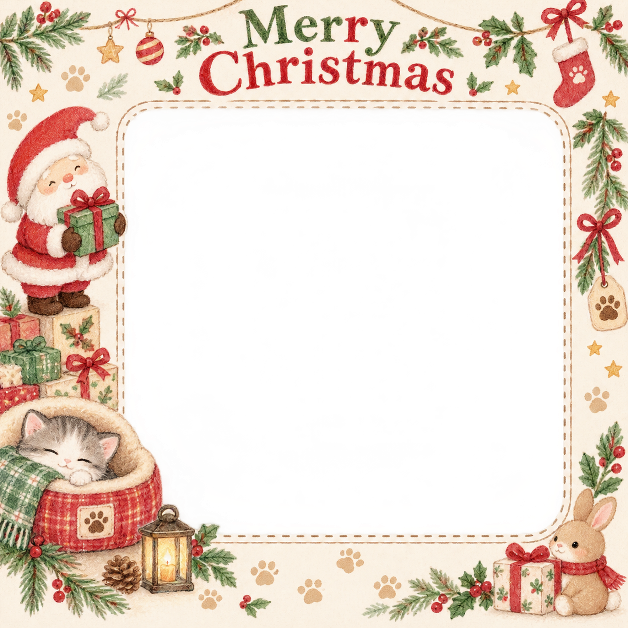 ちいさなペット用ベッドの犬・猫のクリスマス写真フレーム｜足あとと定番リース・無料イラスト 99978に写真・文字を入れる