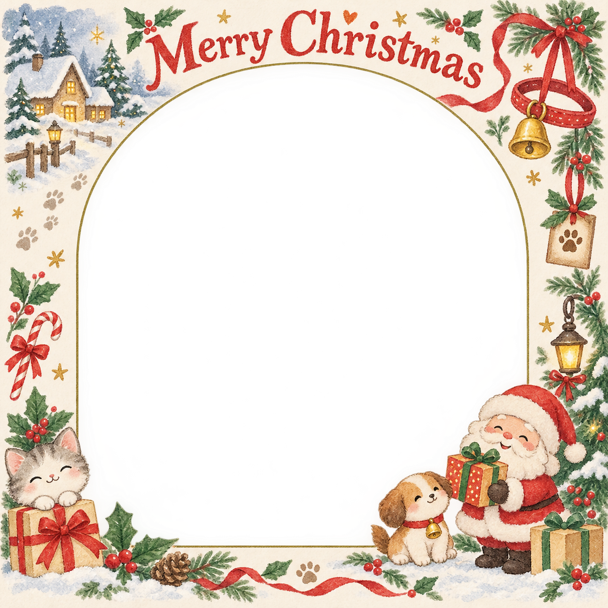 鈴と首輪の犬・猫のクリスマス写真フレーム｜足あとと定番リース・無料イラスト 99979に写真・文字を入れる