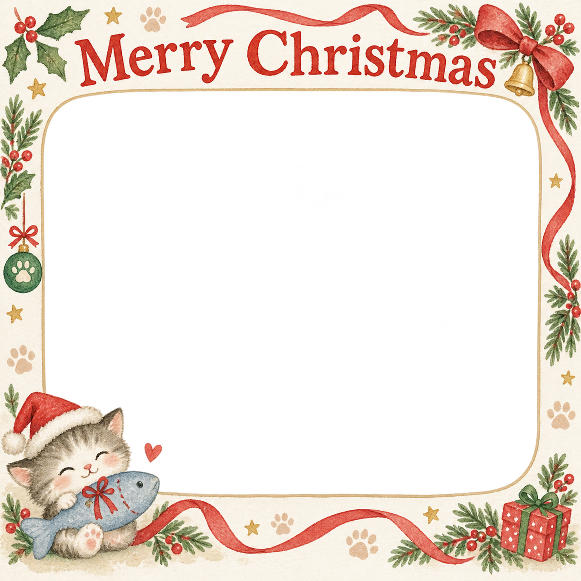 魚形のおもちゃの犬・猫のクリスマス写真フレーム｜足あとと定番リース・無料イラスト 99980に写真・文字を入れる