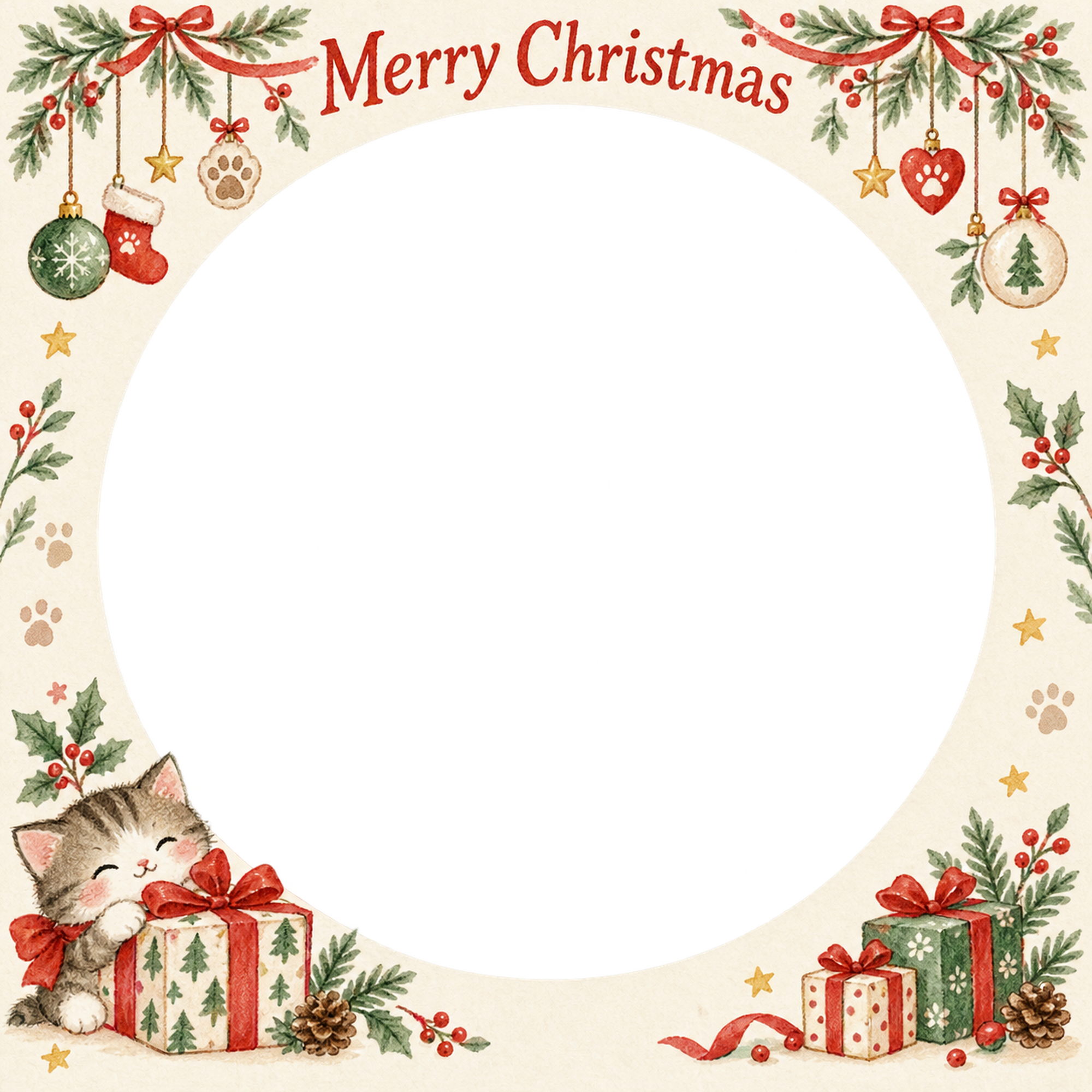 贈り物の箱の犬・猫のクリスマス写真フレーム｜足あとと定番リース・無料イラスト 99982に写真・文字を入れる