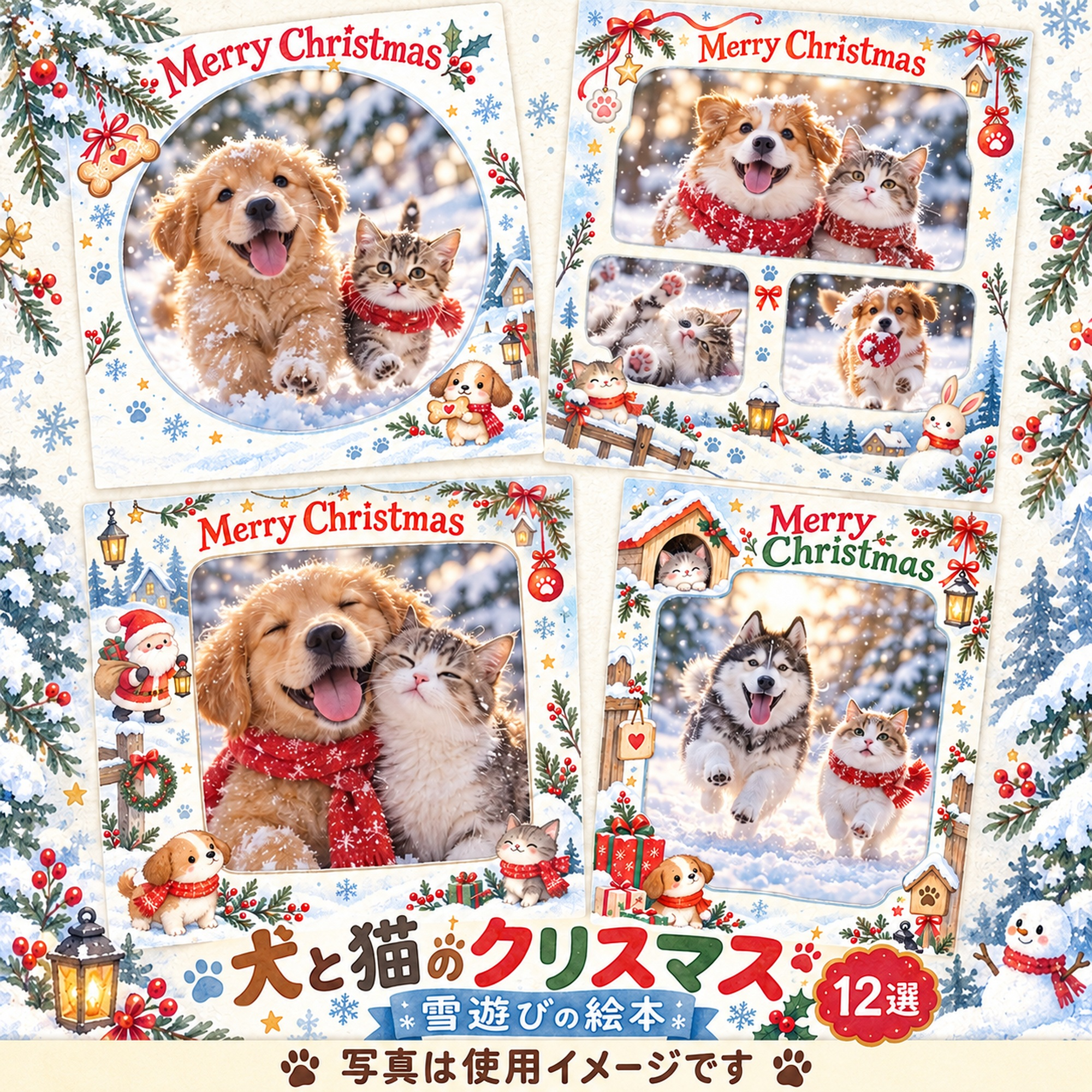 犬・猫のクリスマス写真フレーム12選｜雪遊びの絵本の無料イラスト素材 99984に写真・文字を入れる