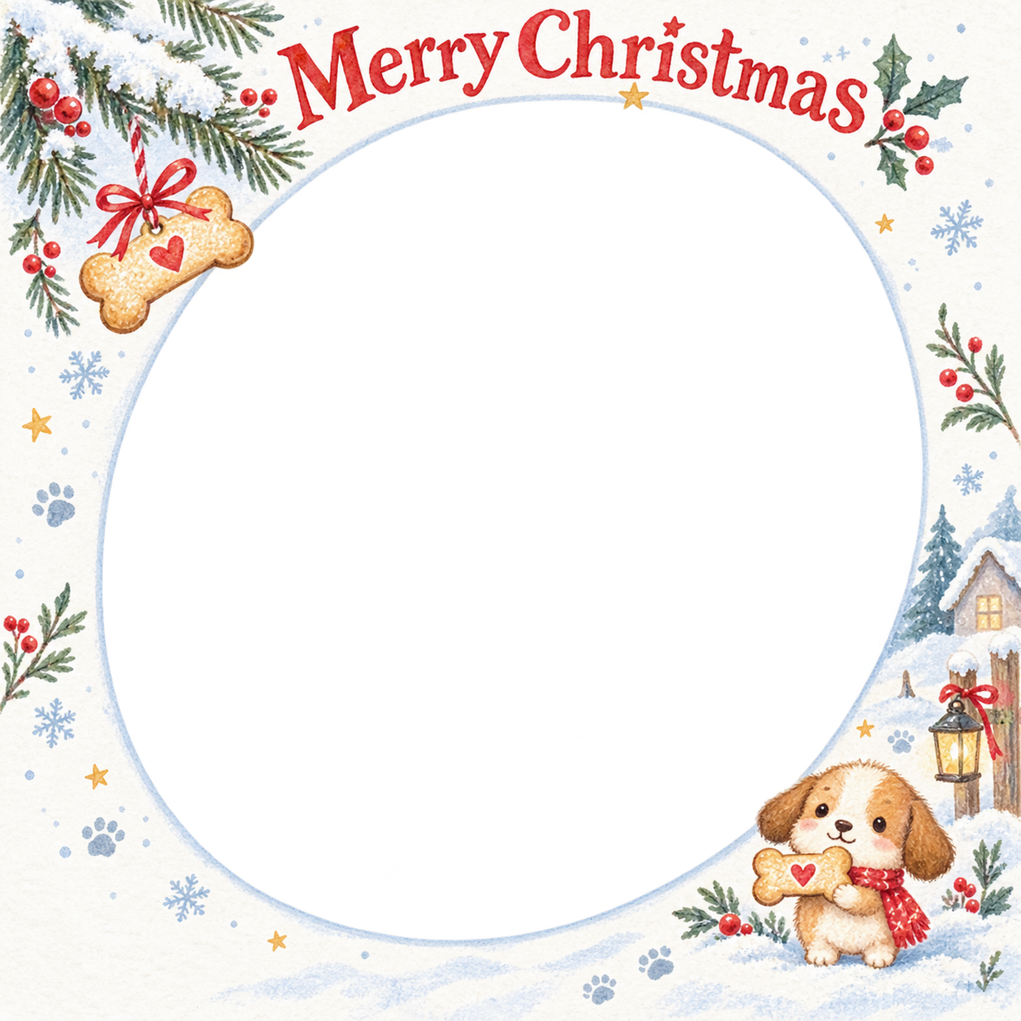 骨形クッキーの犬・猫のクリスマス写真フレーム｜雪遊びの絵本・無料イラスト 99985に写真・文字を入れる