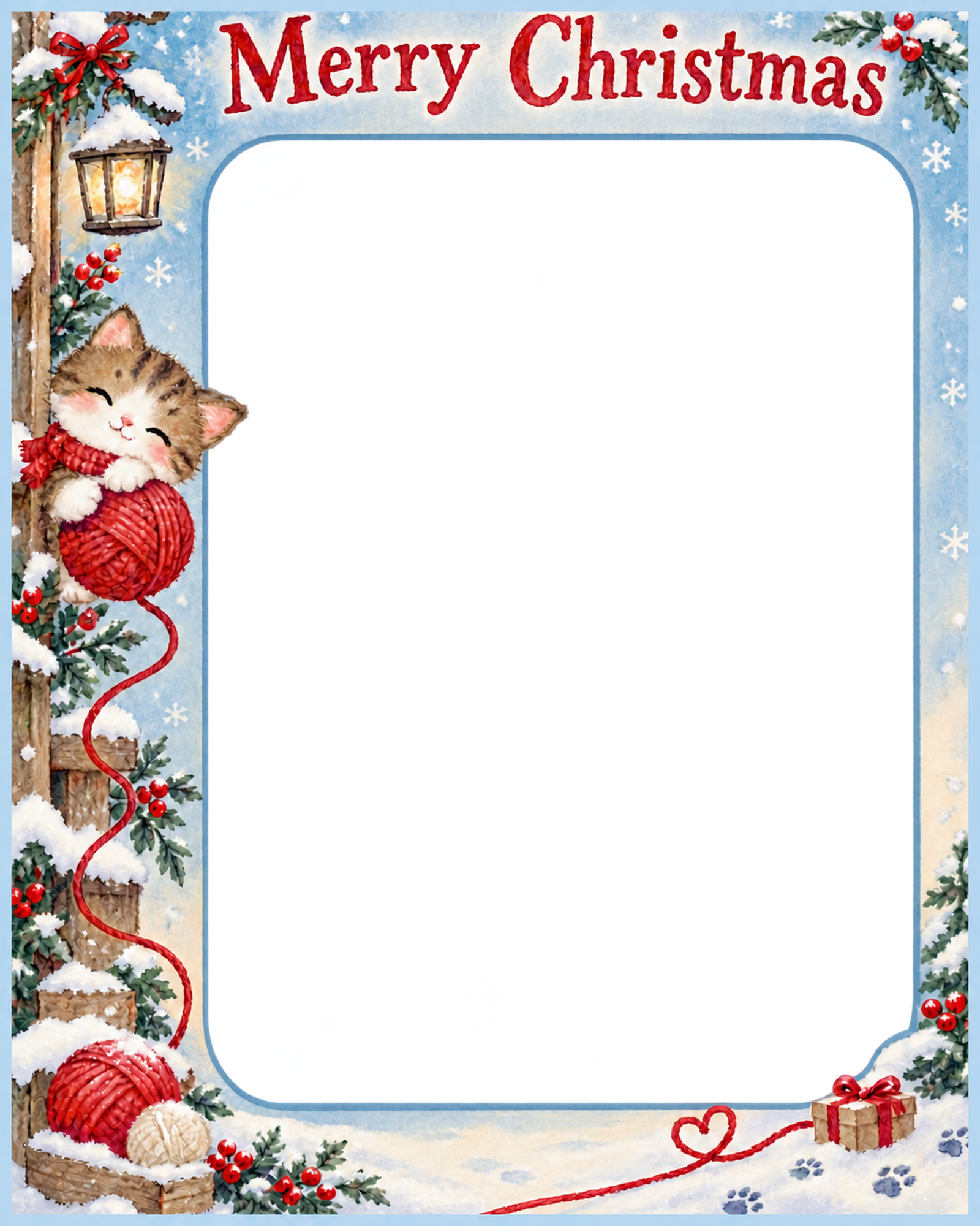 ねこの毛糸玉の犬・猫のクリスマス写真フレーム｜雪遊びの絵本・無料イラスト 99986に写真・文字を入れる