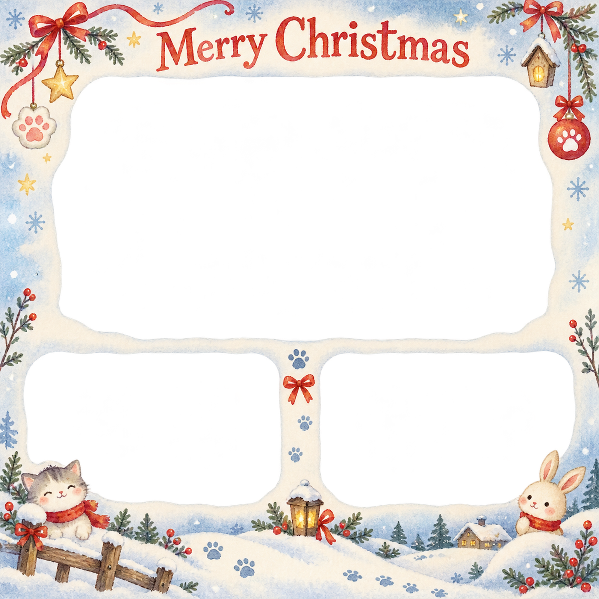 肉球とリボンの犬・猫のクリスマス写真フレーム｜雪遊びの絵本・無料イラスト 99987に写真・文字を入れる