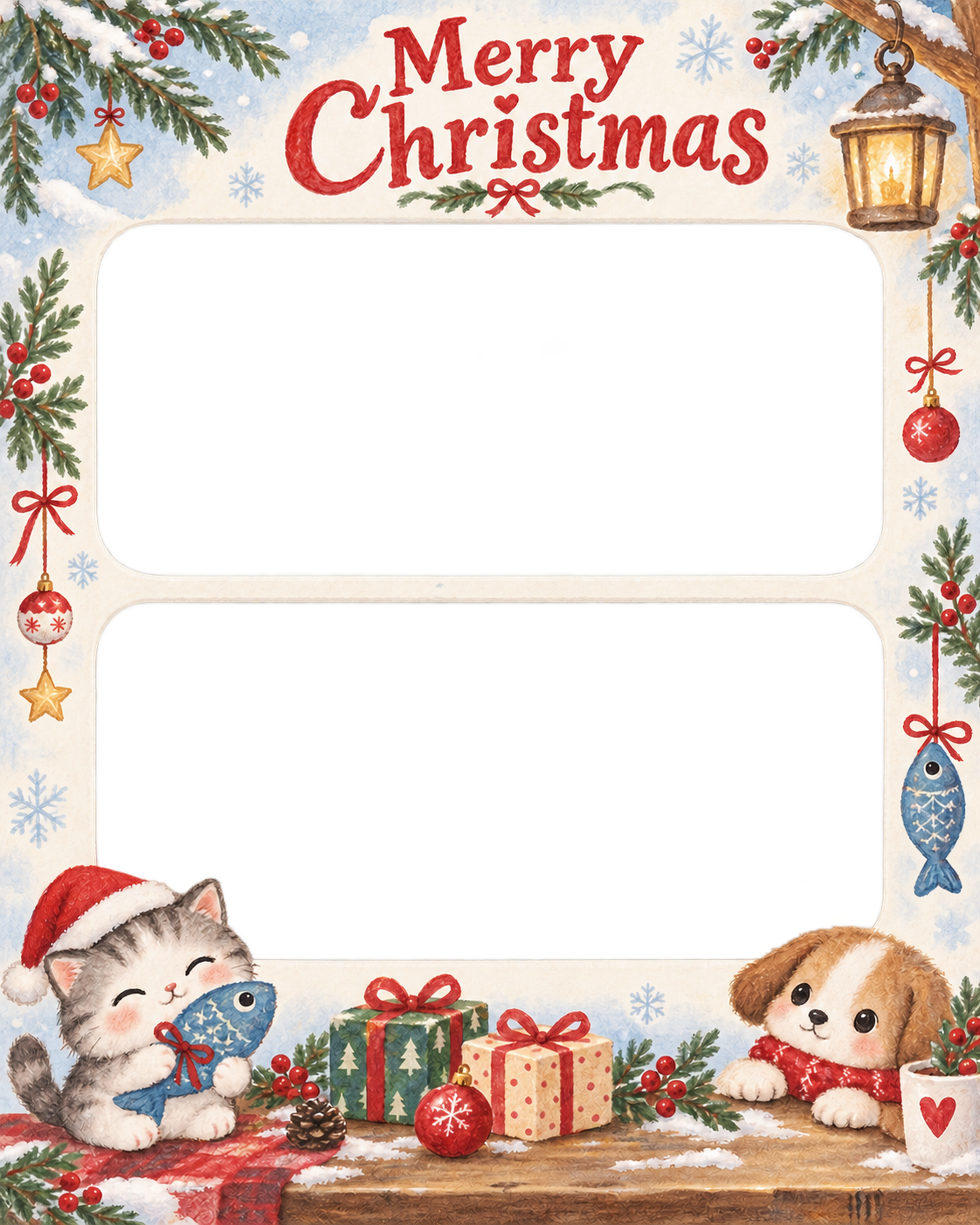 魚形のおもちゃの犬・猫のクリスマス写真フレーム｜雪遊びの絵本・無料イラスト 99990に写真・文字を入れる