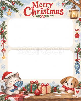魚形のおもちゃの犬・猫のクリスマス写真フレーム｜雪遊びの絵本・無料イラスト 99990
