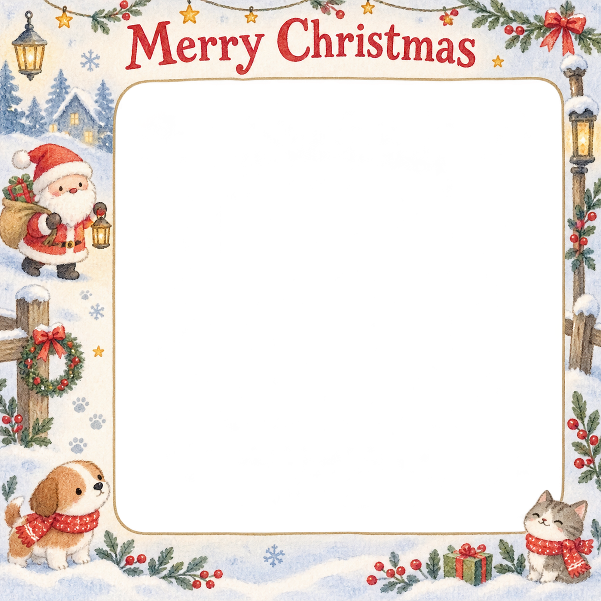 お散歩のマフラーの犬・猫のクリスマス写真フレーム｜雪遊びの絵本・無料イラスト 99991に写真・文字を入れる