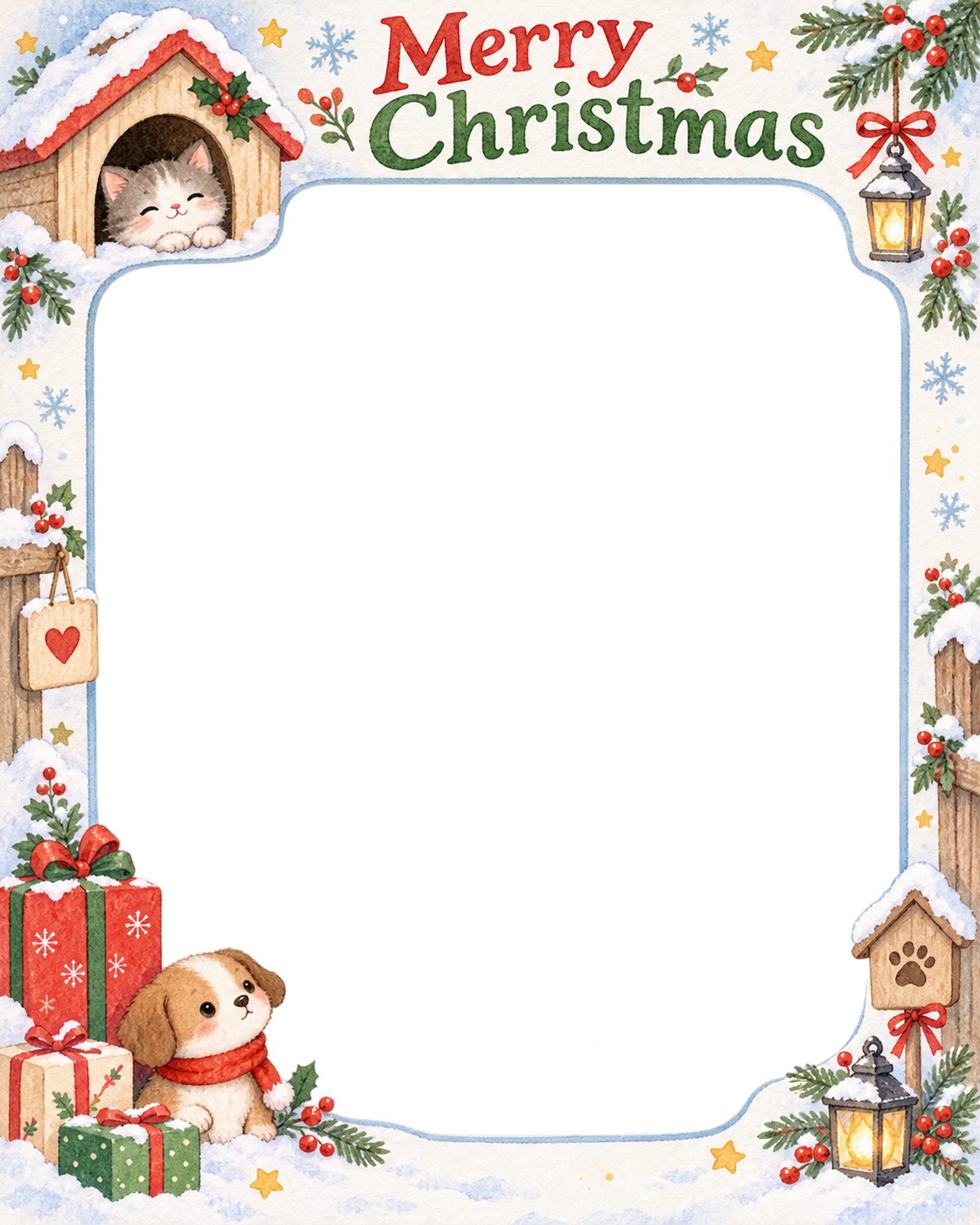 小さなペットハウスの犬・猫のクリスマス写真フレーム｜雪遊びの絵本・無料イラスト 99994に写真・文字を入れる