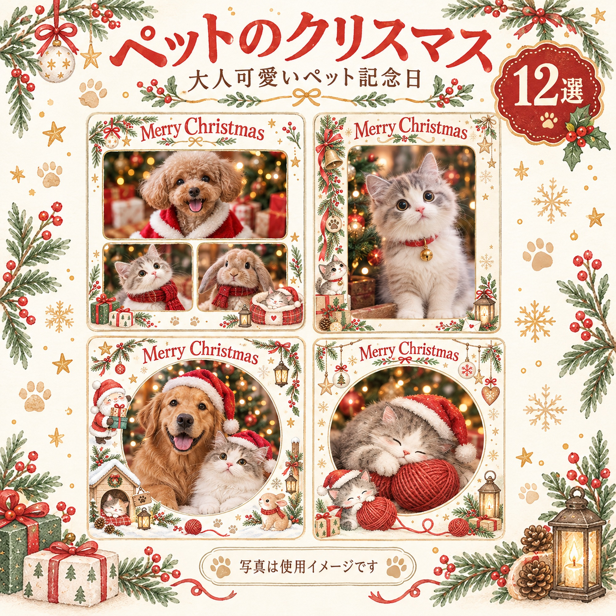 犬・猫のクリスマス写真フレーム12選｜大人可愛いペット記念日の無料イラスト素材 99997に写真・文字を入れる