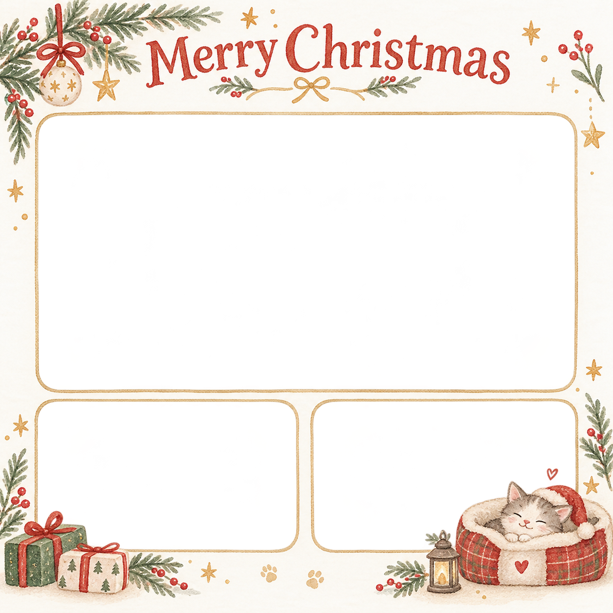 ちいさなペット用ベッドの犬・猫のクリスマス写真フレーム｜大人可愛いペット記念日・無料イラスト 99998に写真・文字を入れる