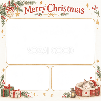ちいさなペット用ベッドの犬・猫のクリスマス写真フレーム｜大人可愛いペット記念日・無料イラスト 99998