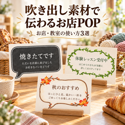 吹き出し素材でお店のPOPを手作り｜売り場・教室・秋のご案内に使える文例3選