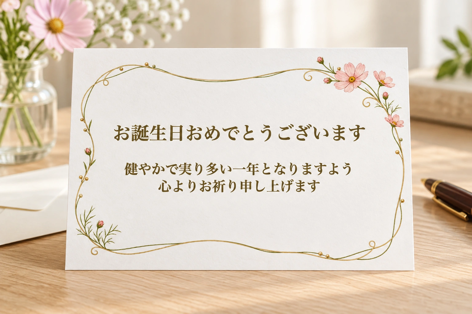 淡桃コスモスと細い線のフレームの完成使用例