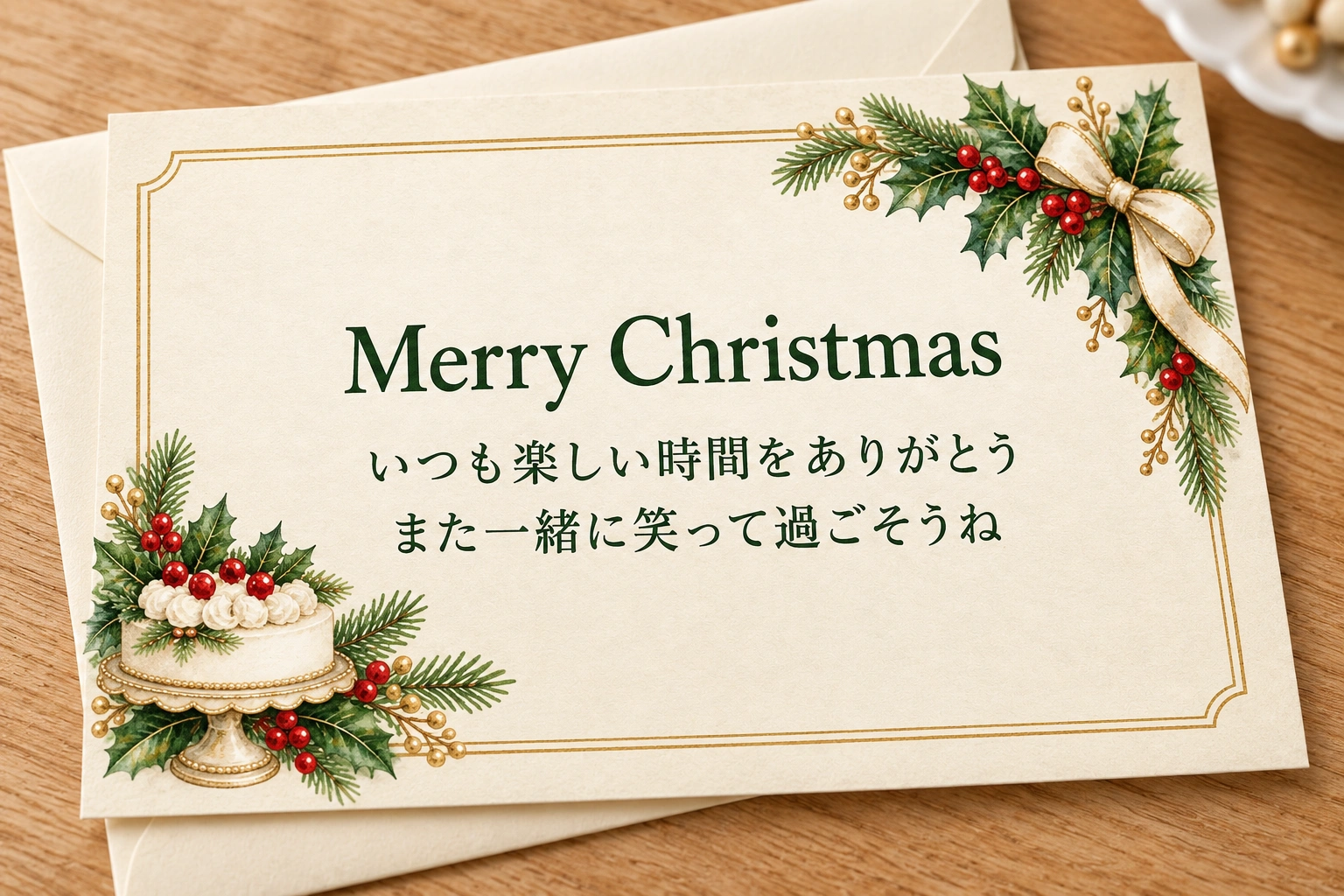 ケーキとリボンのクリスマスフレームを使った文字入りのクリスマスカードの使用イメージ