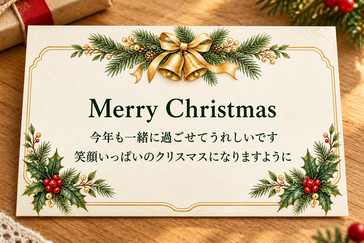 ベルとモミのクリスマスフレームを使った文字入りのクリスマスカードの使用イメージ