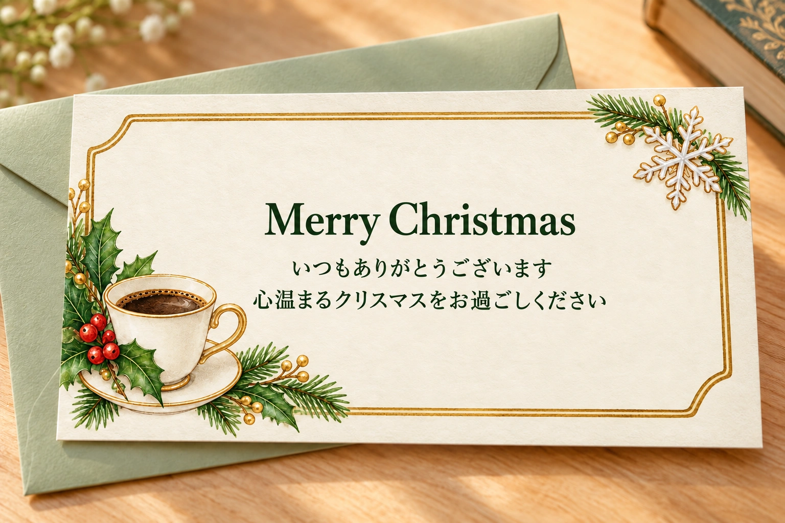 コーヒーとヒイラギのクリスマスフレームを使った文字入りのクリスマスカードの使用イメージ