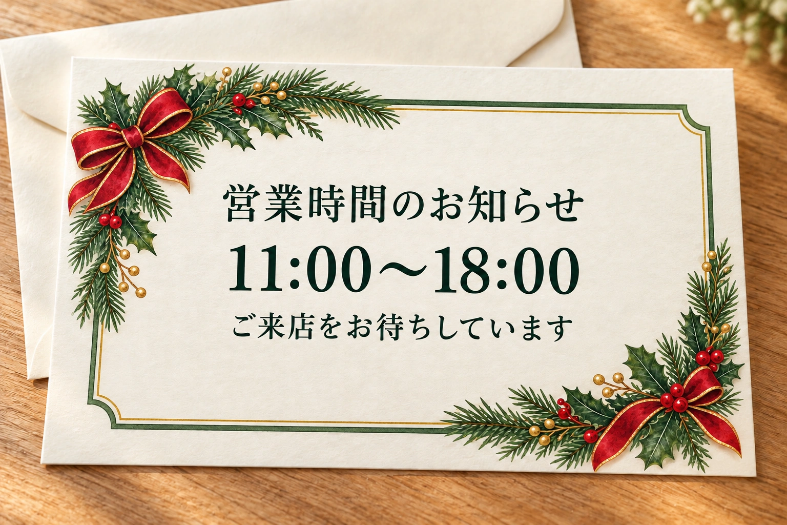 赤いリボンの営業時間案内フレームを使った文字入りのお店案内の使用イメージ