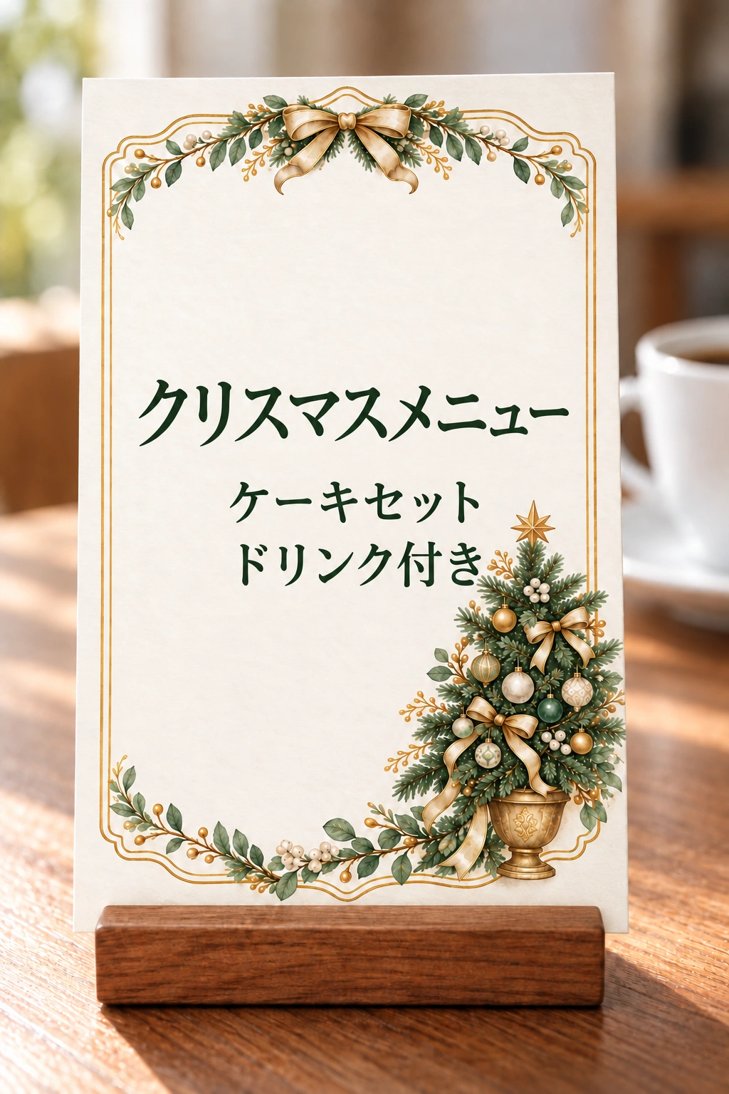 小さなツリーのメニューフレームを使った文字入りのお店案内の使用イメージ